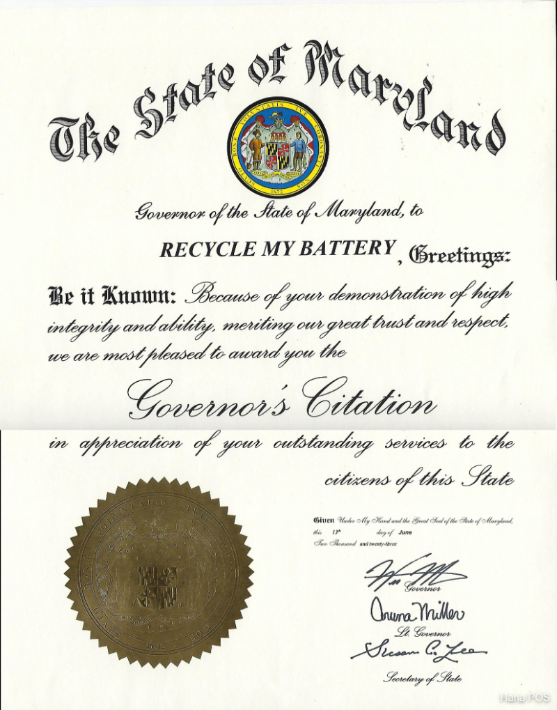 Maryland Governor’s Citation to Recycle My Battery